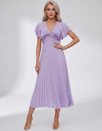 Veloura Midi Dress by Lauven — pleated chiffon flutter sleeve V-neck A-line midi dress