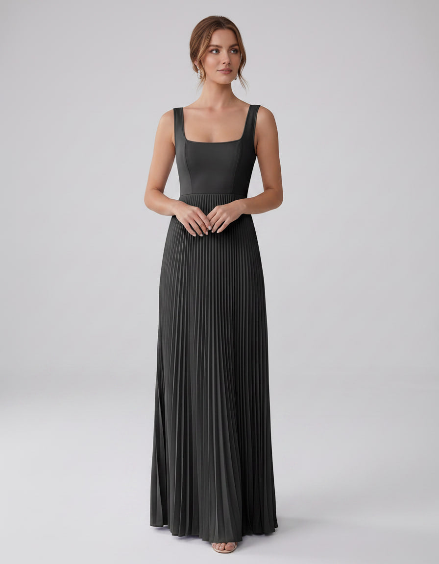 Veloura Maxi Dress by Lauven — satin chiffon sleeveless square neck pleated A-line maxi dress