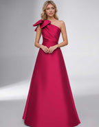 Celestia Maxi Dress by Lauven — satin one shoulder A-line maxi dress with bow
