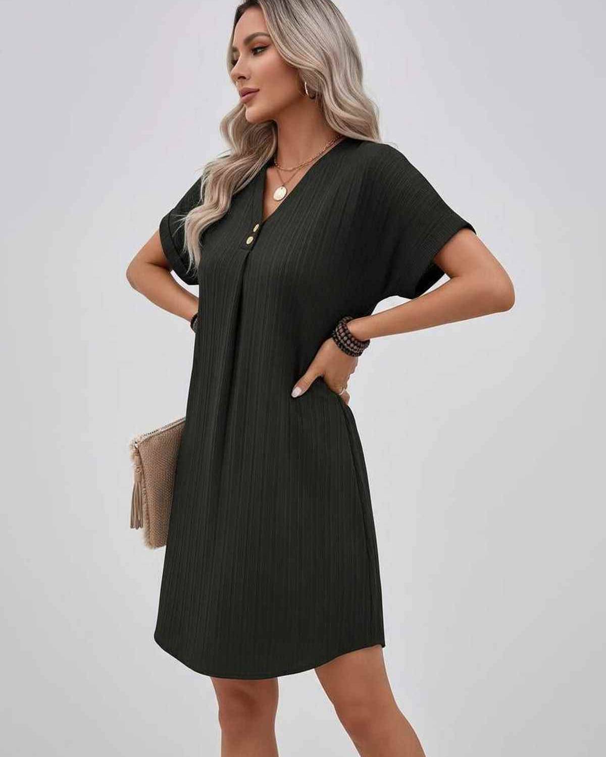 Lunelle Mini Dress by Lauven — textured short sleeve V-neck relaxed mini dress
