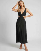 Lunara Midi Dress by Lauven — satin sleeveless V-neck flowing pleated midi dress