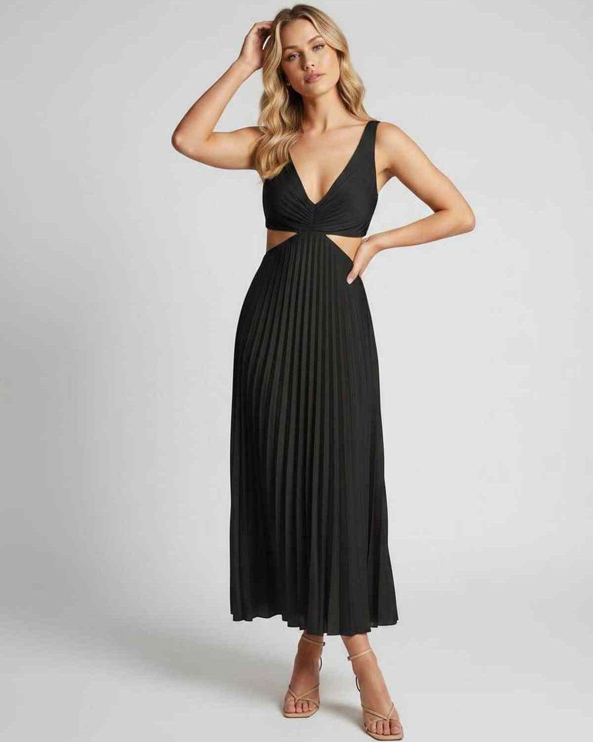 Lunara Midi Dress by Lauven — satin sleeveless V-neck flowing pleated midi dress