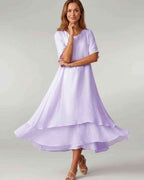 Aurelia Midi Dress by Lauven — lightweight short sleeve round neck layered midi dress