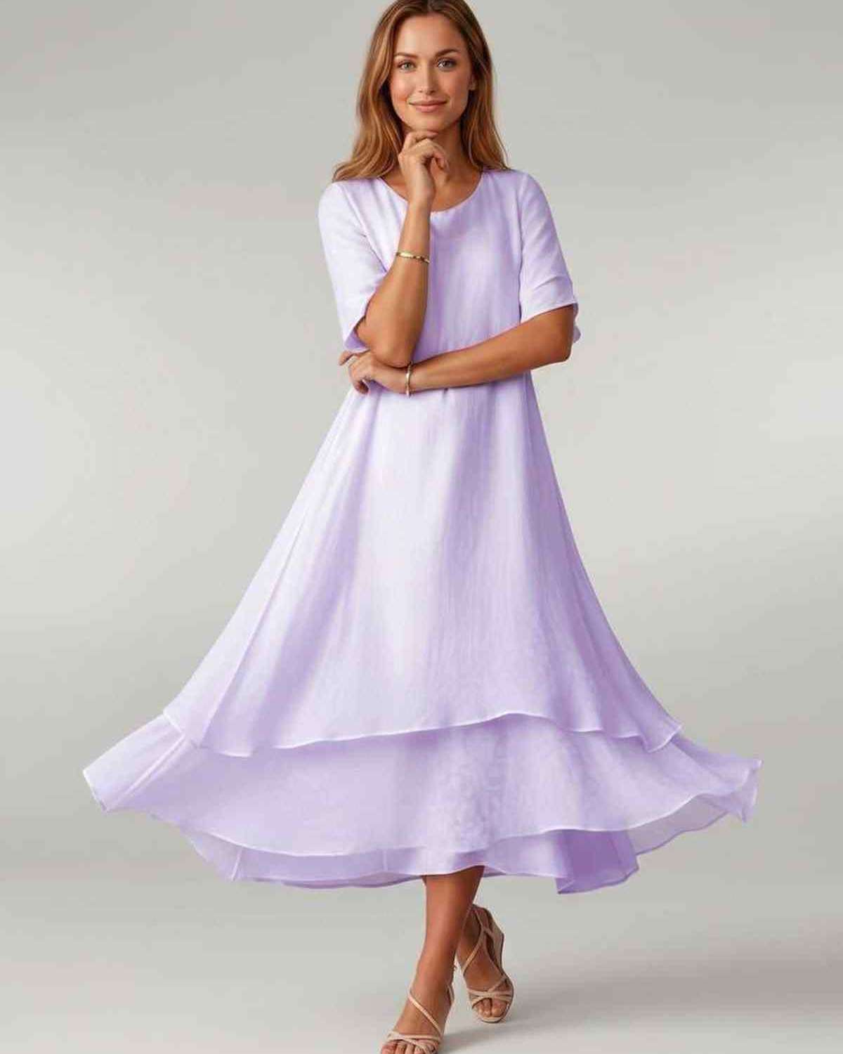Aurelia Midi Dress by Lauven — lightweight short sleeve round neck layered midi dress