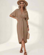 Elara Midi Dress by Lauven — premium short sleeve V-neck wrap style midi dress