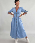 Eloria Midi Dress by Lauven — lightweight mid sleeve V-neck button front fit and flare midi dress