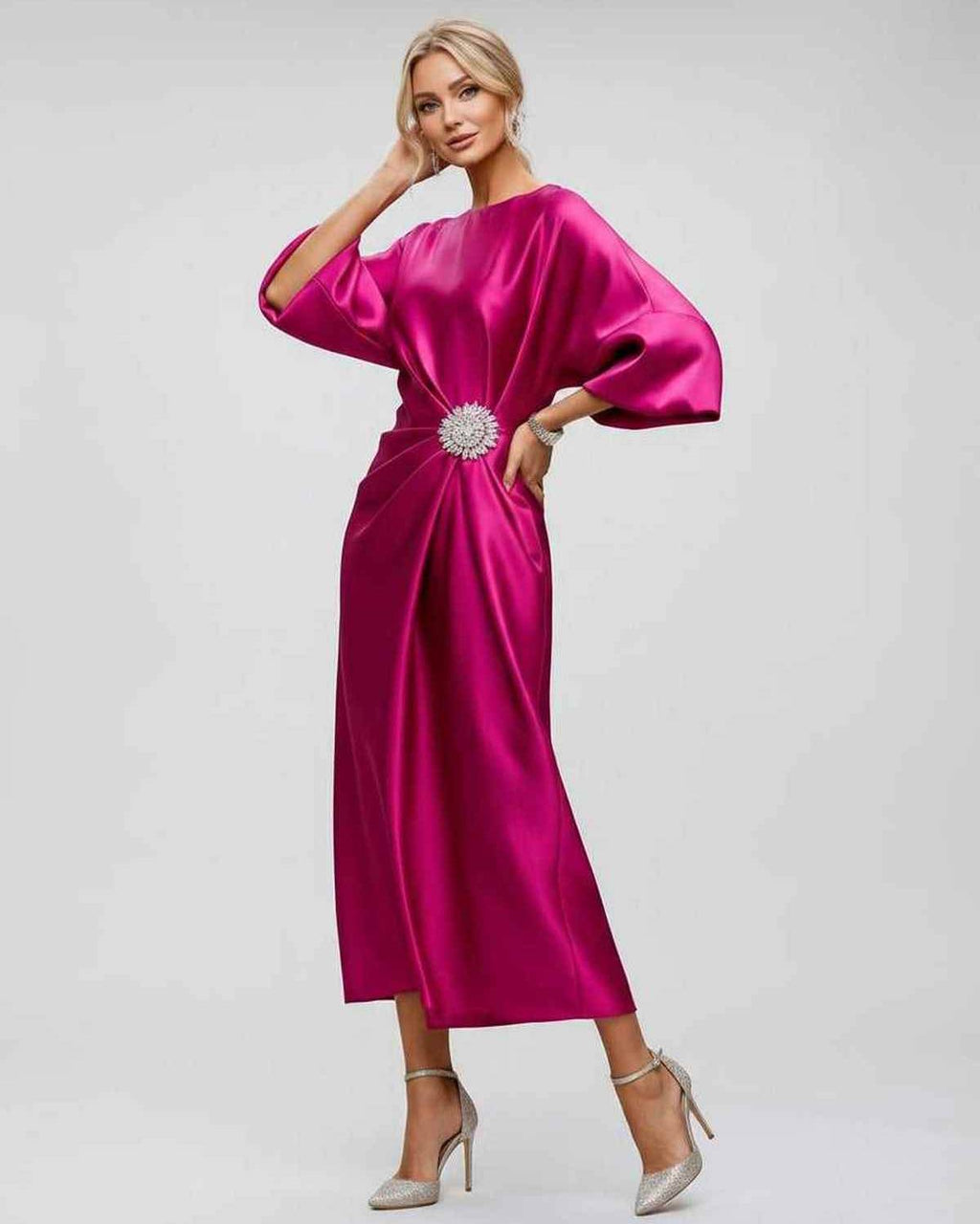 Seralyn Midi Dress by Lauven — satin kimono sleeve boat neck draped midi dress