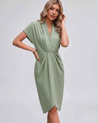 Veloura Midi Dress by Lauven — satin cap sleeve V-neck draped midi dress