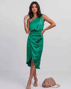Veloura Midi Dress by Lauven — satin one shoulder draped midi dress with slit