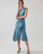 Serelune Midi Dress by Lauven — sleeveless satin midi dress with ruffle detail and fit flare silhouette