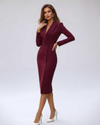 Monvielle Midi Dress by Lauven — long sleeve V-neck tailored midi dress
