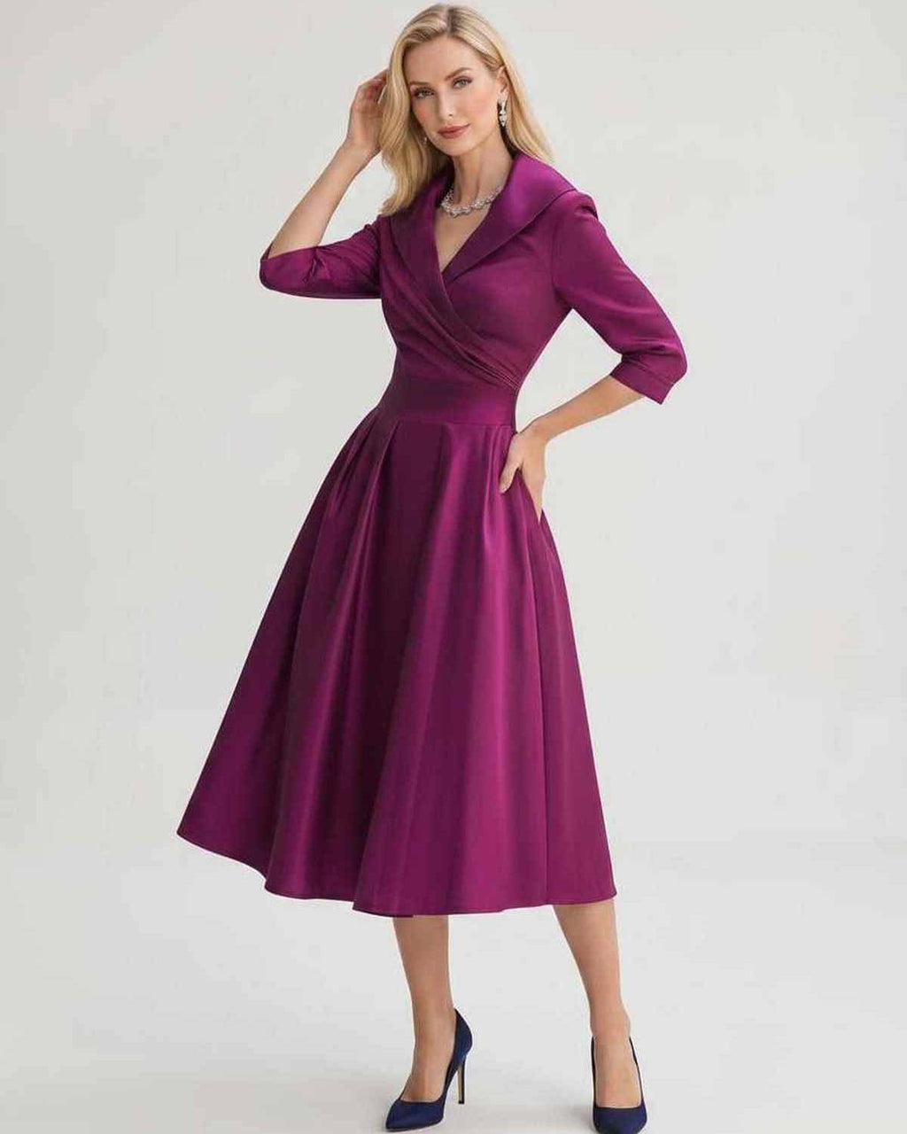 Serelune Midi Dress by Lauven — satin blend 3/4 sleeve V-neck A-line midi dress