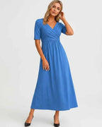 Velmira Midi Dress by Lauven — soft stretch short sleeve V-neck A-line midi dress