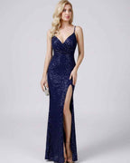 Celeste Maxi Dress by Lauven — sequin sleeveless V-neck mermaid maxi dress with spaghetti straps and front slit