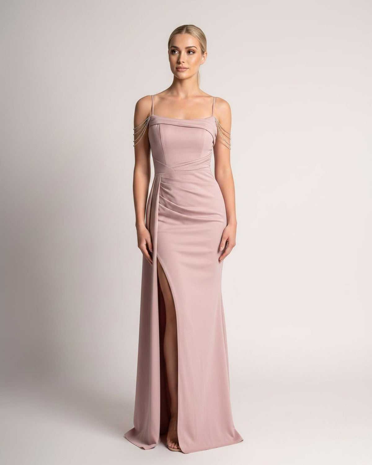 Celestia Maxi Dress by Lauven — polyester spaghetti strap mermaid maxi dress with beading and split