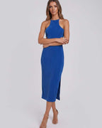 Sable Midi Dress by Lauven — suede-touch polyester blend sleeveless crew neck slim midi dress
