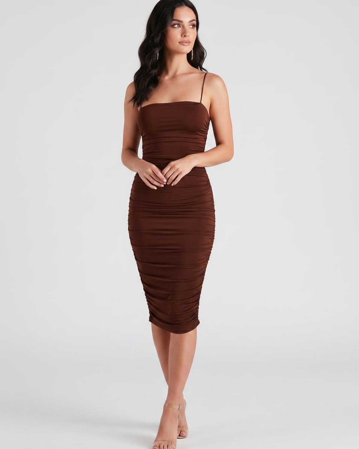 Velora Midi Dress by Lauven — smooth knit sleeveless square neck ruched slim midi dress