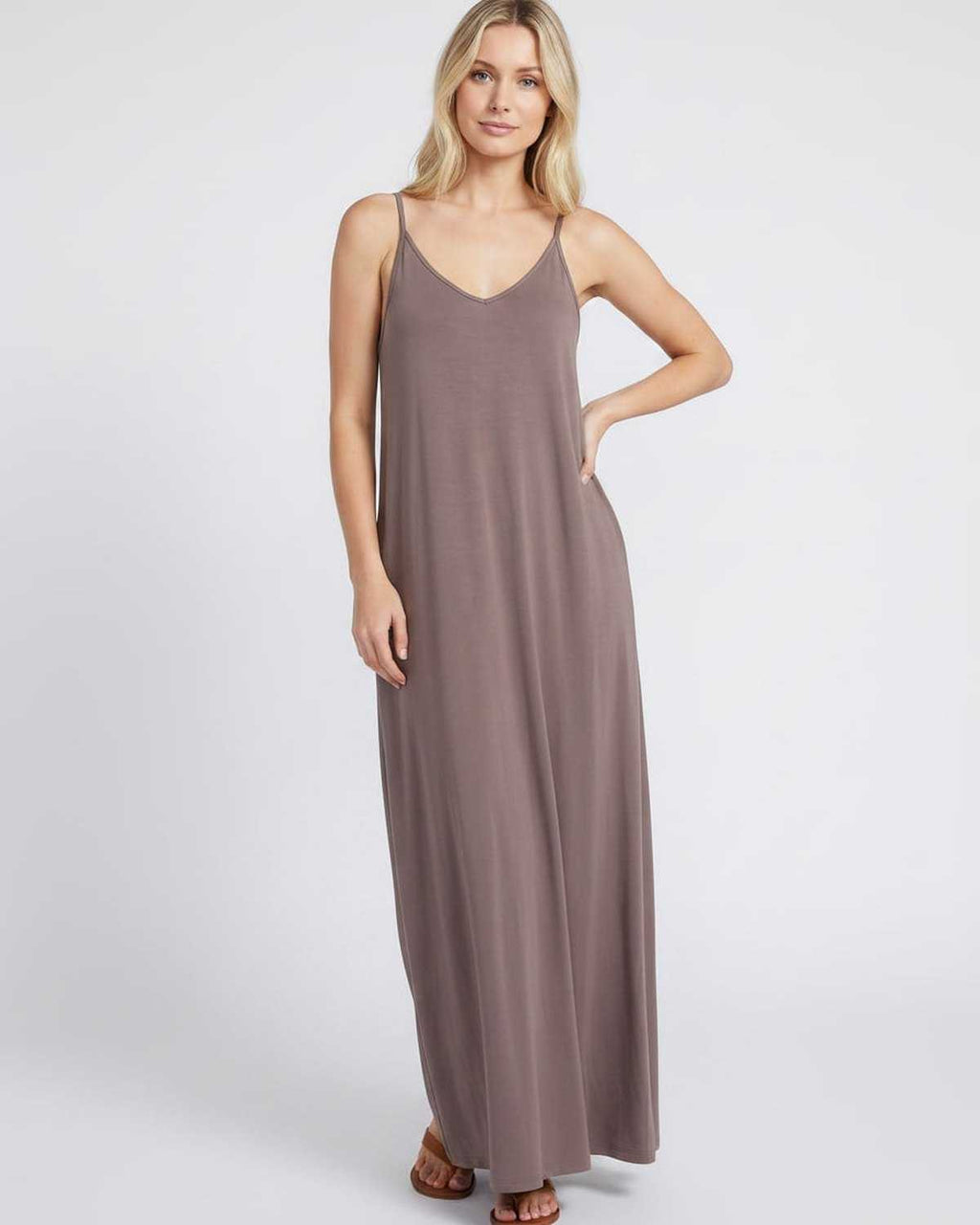 Solenne Maxi Dress by Lauven — soft stretch sleeveless V-neck relaxed A-line maxi dress