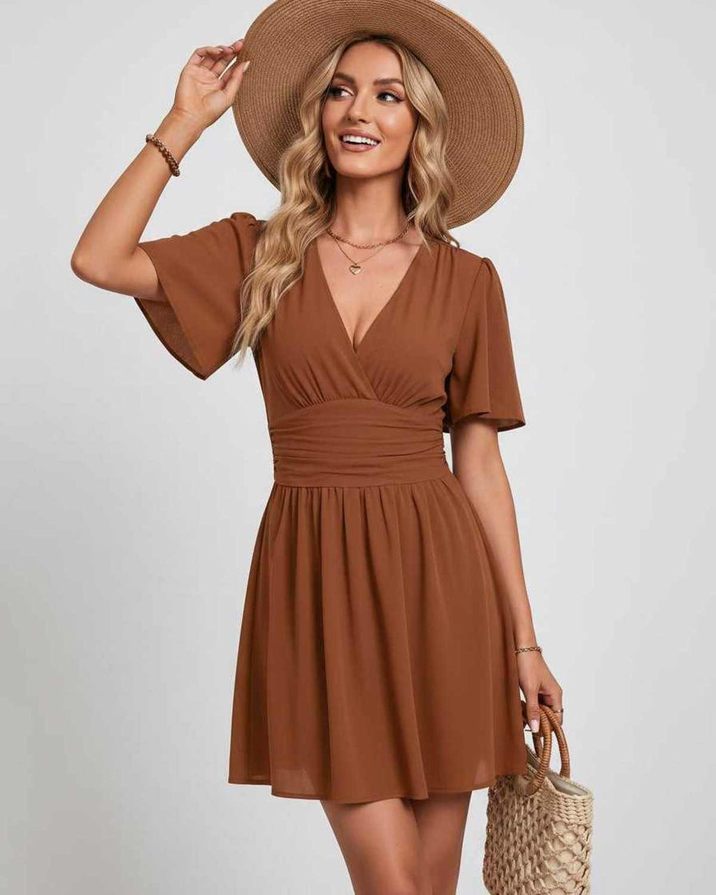Calista Mini Dress by Lauven — chiffon ruffled short sleeve V-neck A-line mini dress