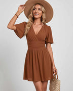 Calista Mini Dress by Lauven — chiffon ruffled short sleeve V-neck A-line mini dress