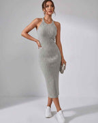 Lunara Midi Dress by Lauven — ribbed knit sleeveless crew neck slim-fit midi dress