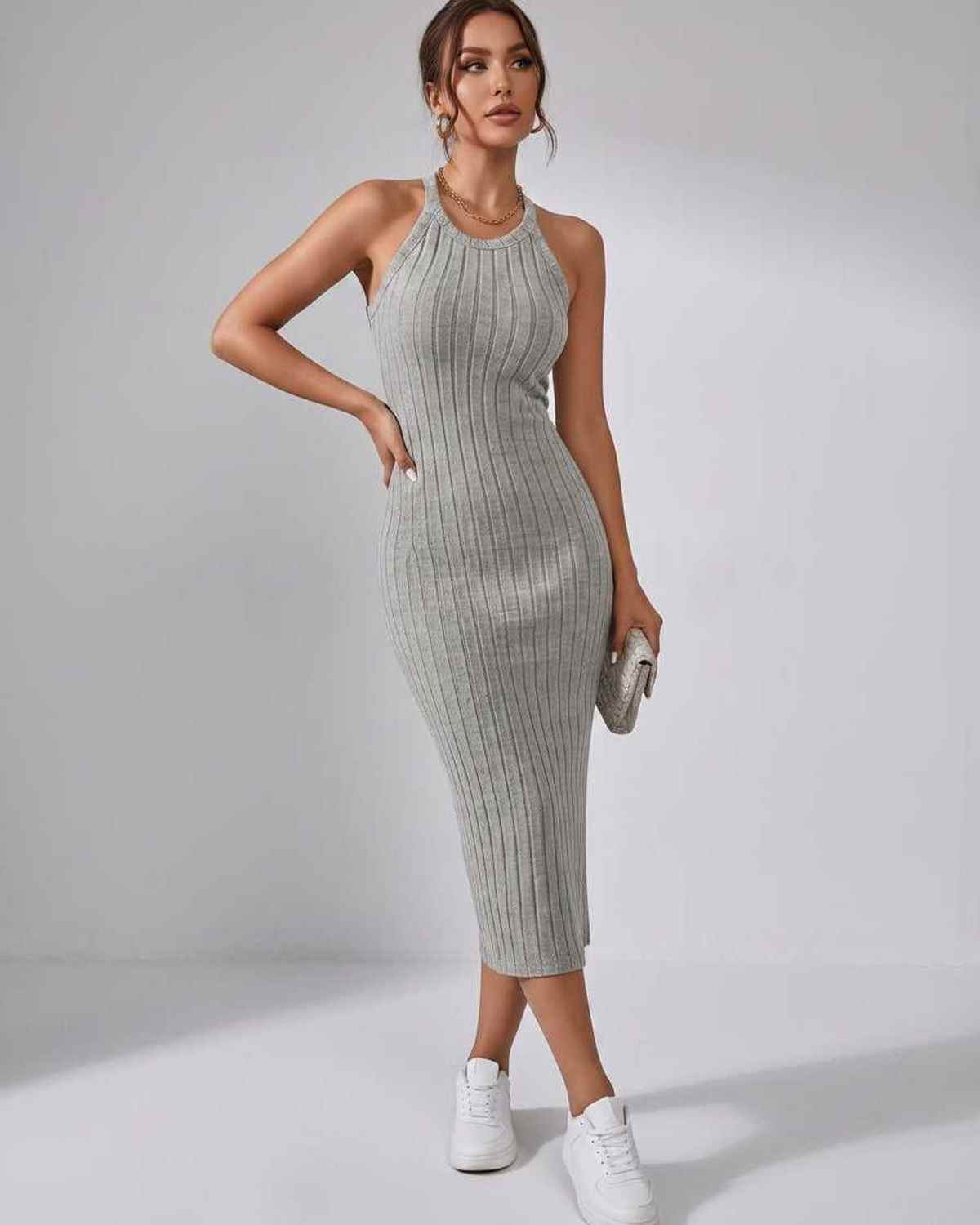 Lunara Midi Dress by Lauven — ribbed knit sleeveless crew neck slim-fit midi dress