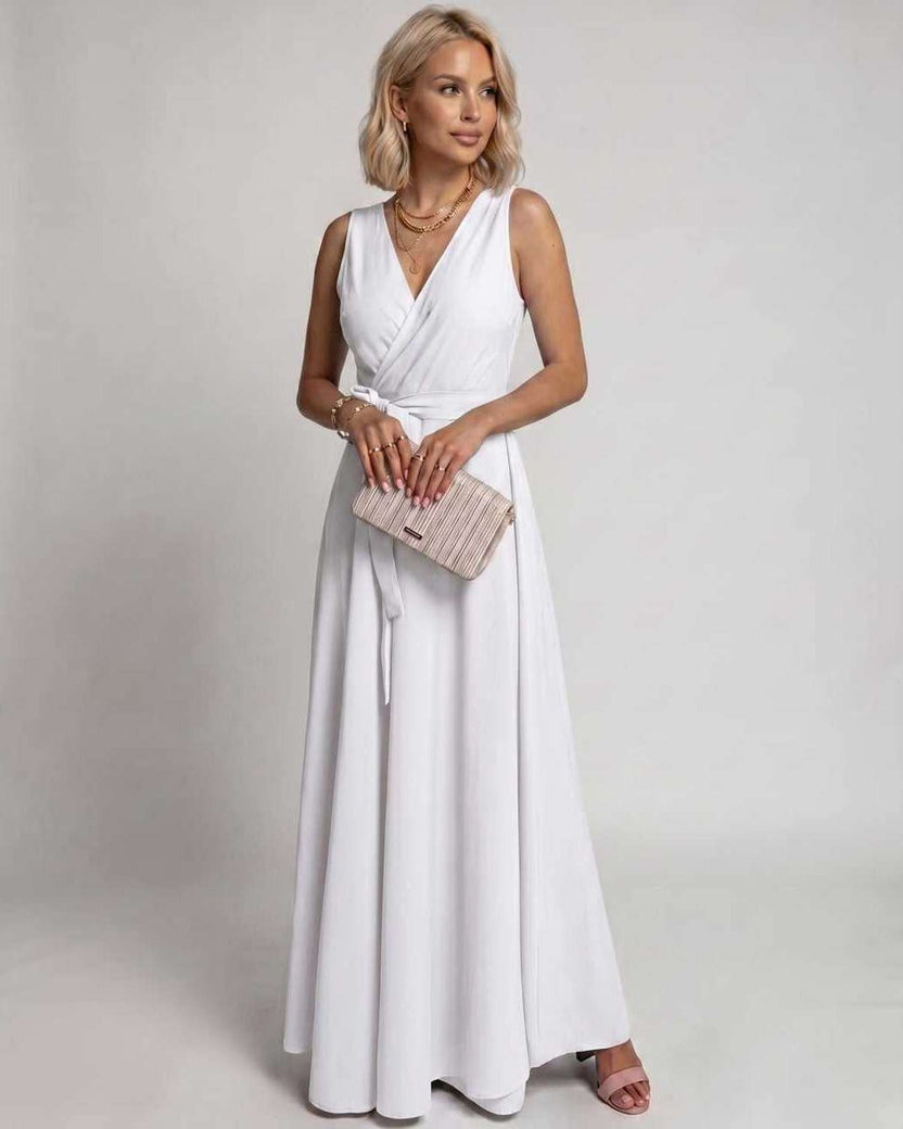 Veloura Maxi Dress by Lauven — white satin sleeveless V-neck A-line maxi dress