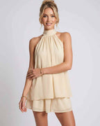 Celestia Mini Dress by Lauven — chiffon sleeveless halter neck mini dress
