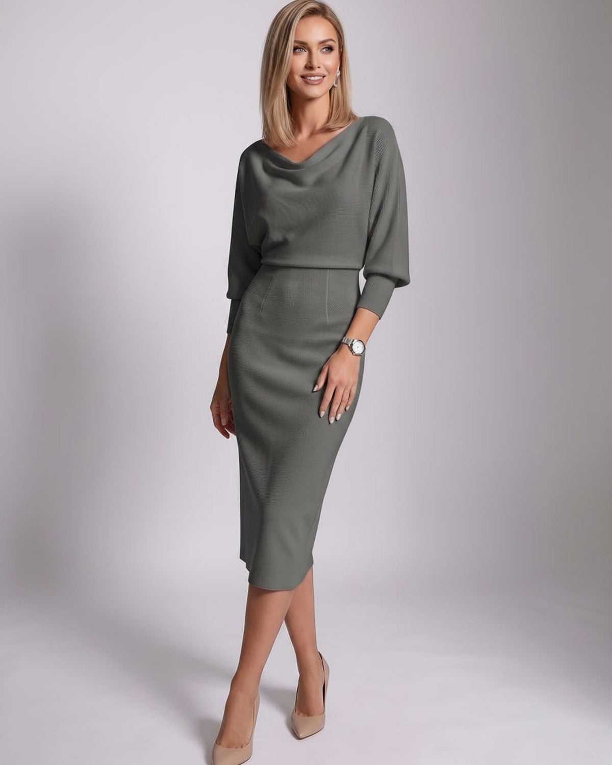 Serene Midi Dress by Lauven — knit batwing sleeve cowl neck fitted midi dress