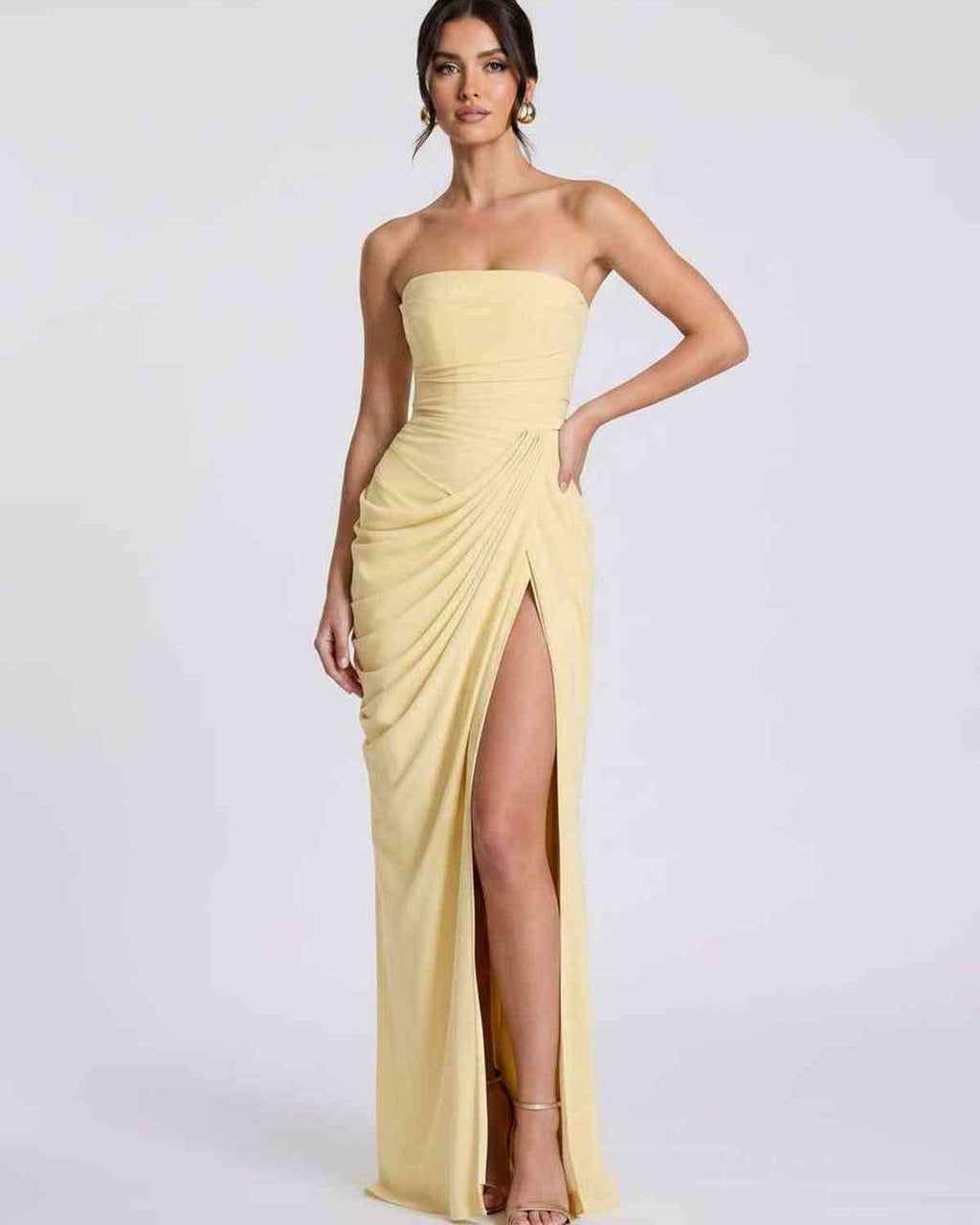 Seraphine Maxi Dress by Lauven — chiffon strapless pleated high slit maxi dress