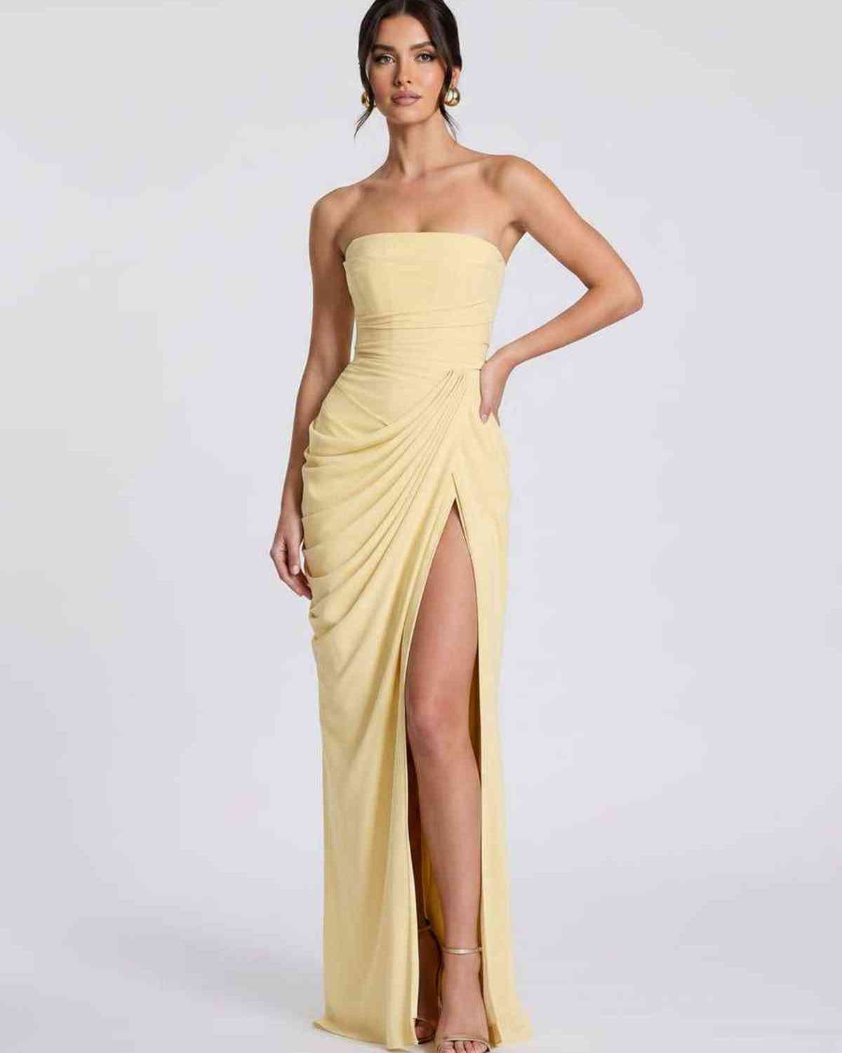 Seraphine Maxi Dress by Lauven — chiffon strapless pleated high slit maxi dress