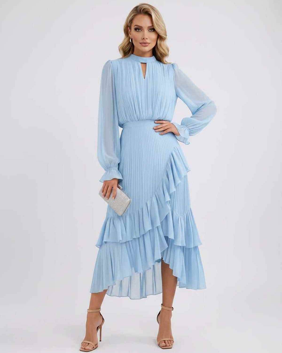Celestia Maxi Dress by Lauven — chiffon long sleeve high neck A-line maxi dress