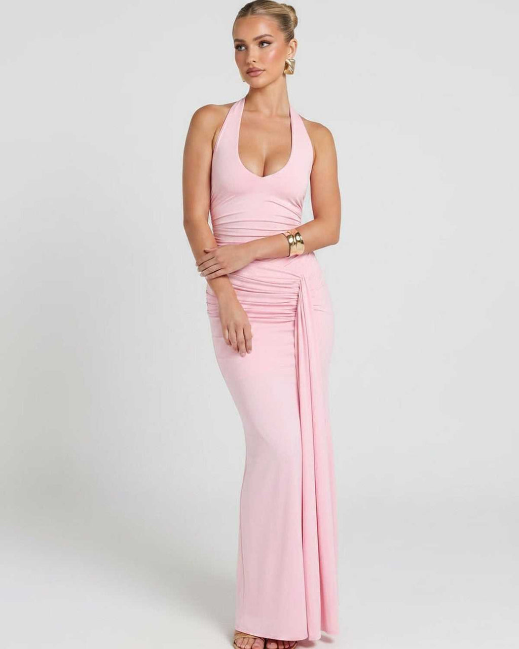 Solvienne Maxi Dress by Lauven — stretch sleeveless deep V-neck ruched maxi dress