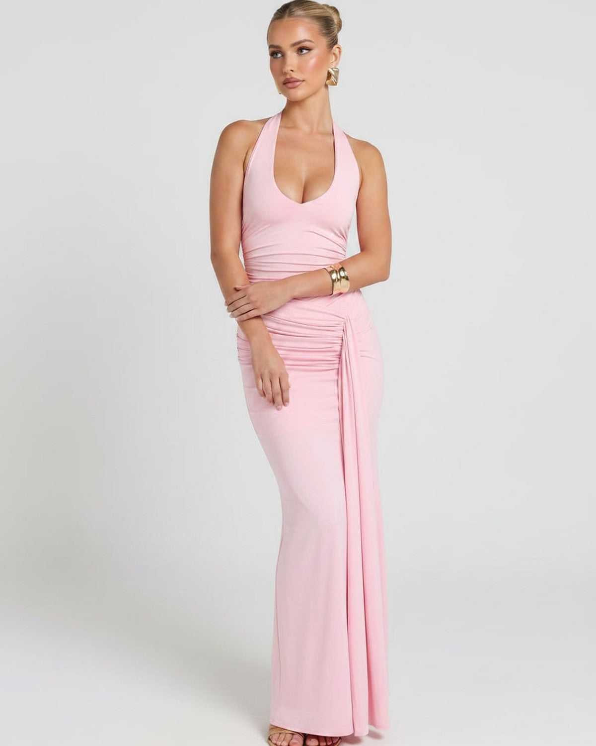 Solvienne Maxi Dress by Lauven — stretch sleeveless deep V-neck ruched maxi dress