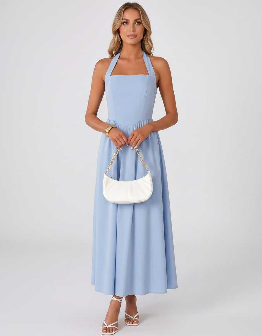 Veloura Midi Dress by Lauven — satin blend sleeveless square neck A-line midi dress