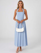 Veloura Midi Dress by Lauven — satin blend sleeveless square neck A-line midi dress