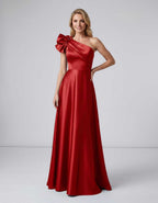 Aurevina Maxi Dress by Lauven — satin one shoulder A-line maxi dress with ruffle detail