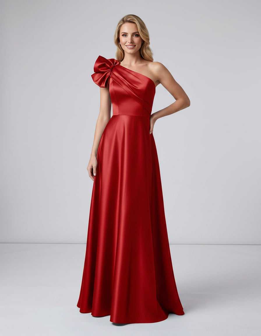 Aurevina Maxi Dress by Lauven — satin one shoulder A-line maxi dress with ruffle detail