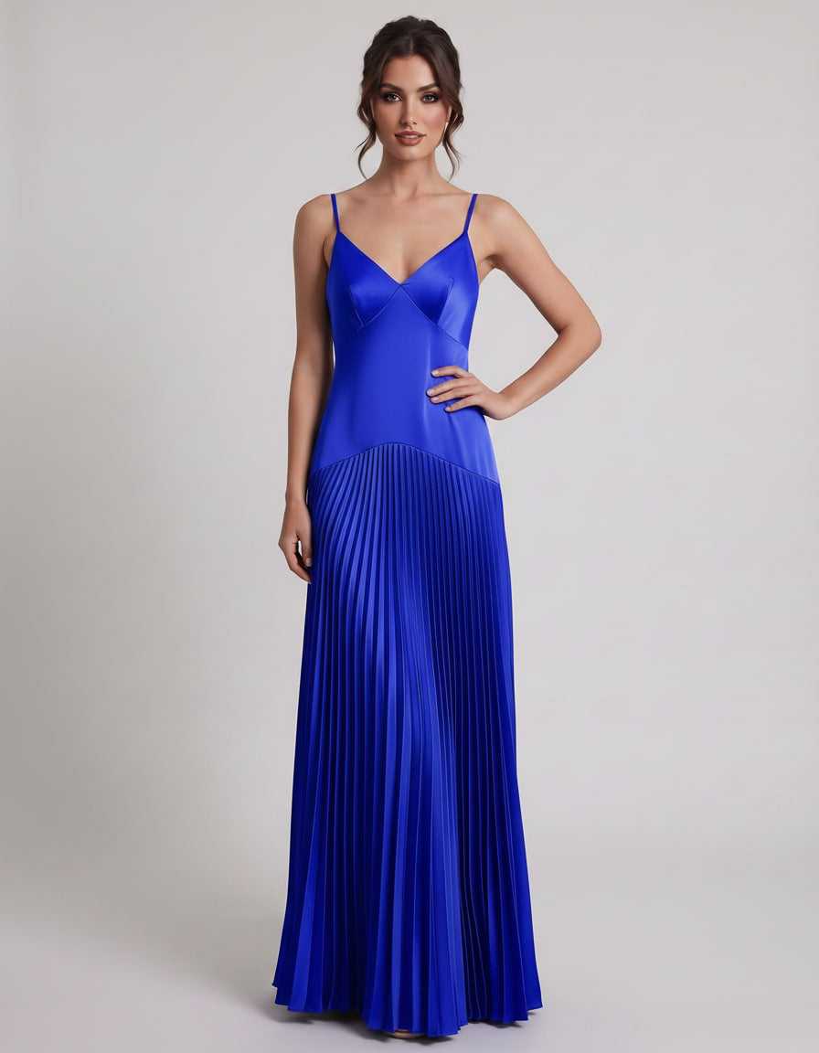 Veloura Maxi Dress by Lauven — satin spaghetti strap V-neck A-line maxi dress