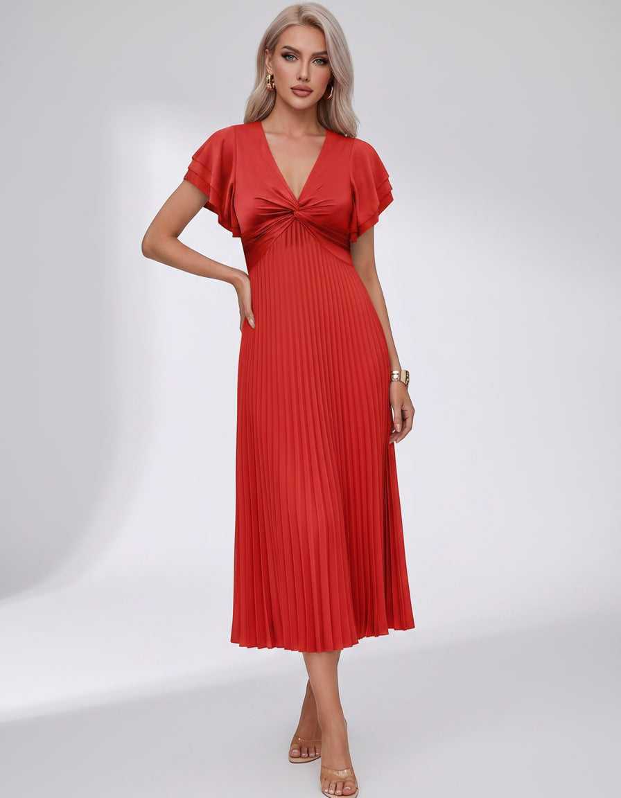 Veloura Midi Dress by Lauven — pleated chiffon flutter sleeve V-neck A-line midi dress