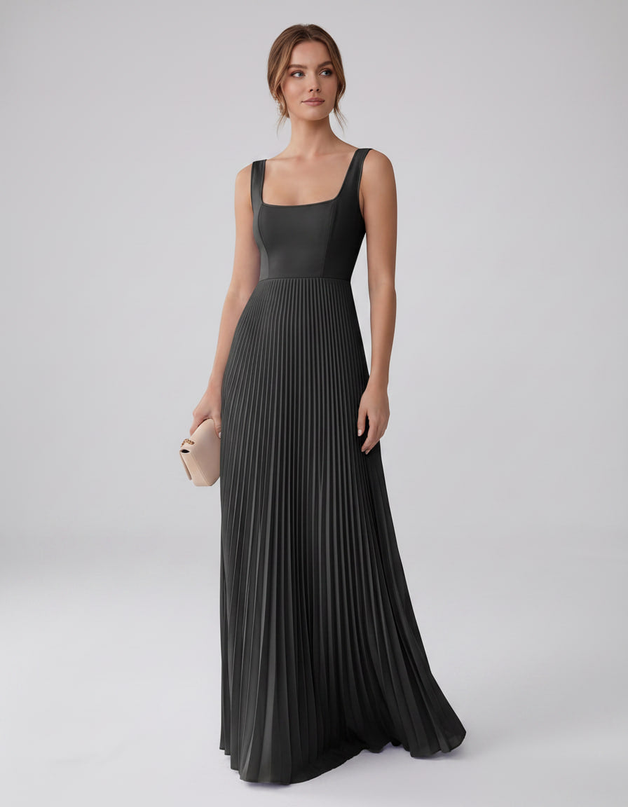 Veloura Maxi Dress by Lauven — satin chiffon sleeveless square neck pleated A-line maxi dress