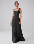 Veloura Maxi Dress by Lauven — satin chiffon sleeveless square neck pleated A-line maxi dress