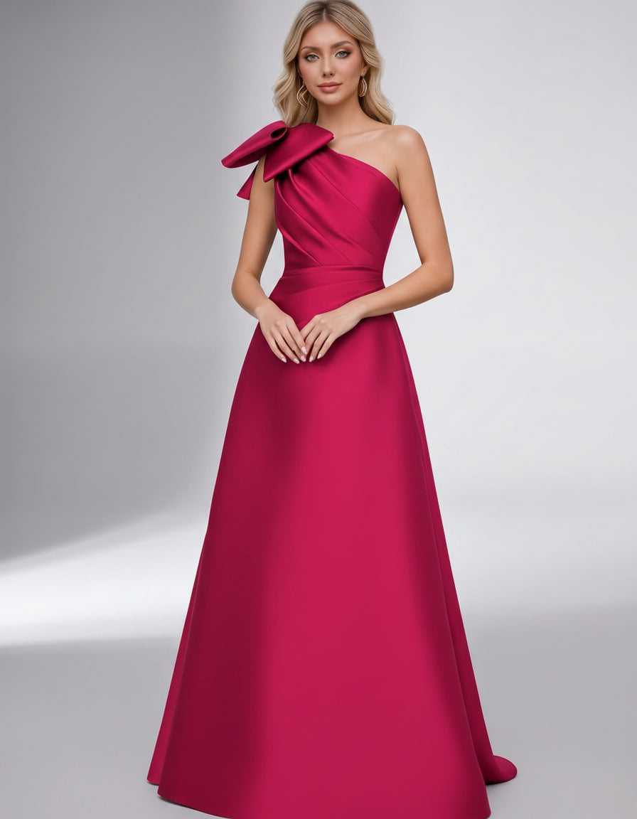 Celestia Maxi Dress by Lauven — satin one shoulder A-line maxi dress with bow