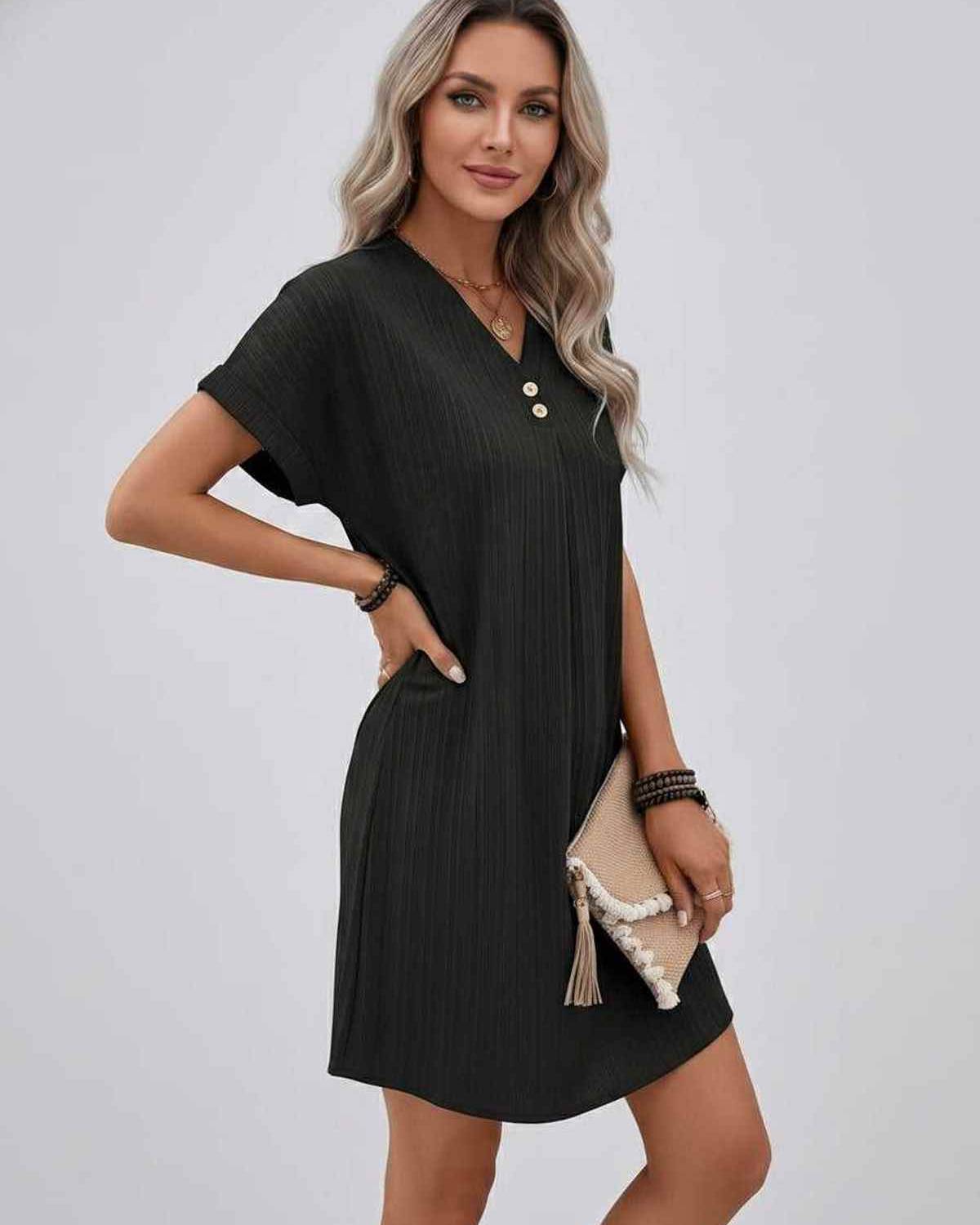 Lunelle Mini Dress by Lauven — textured short sleeve V-neck relaxed mini dress
