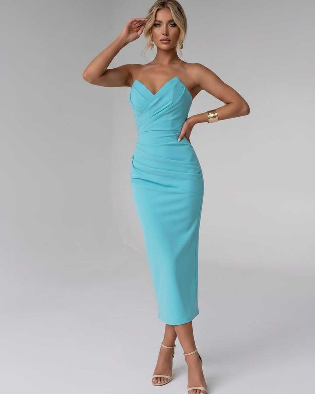 Serelle Midi Dress by Lauven — smooth stretch strapless sweetheart neck fitted midi dress