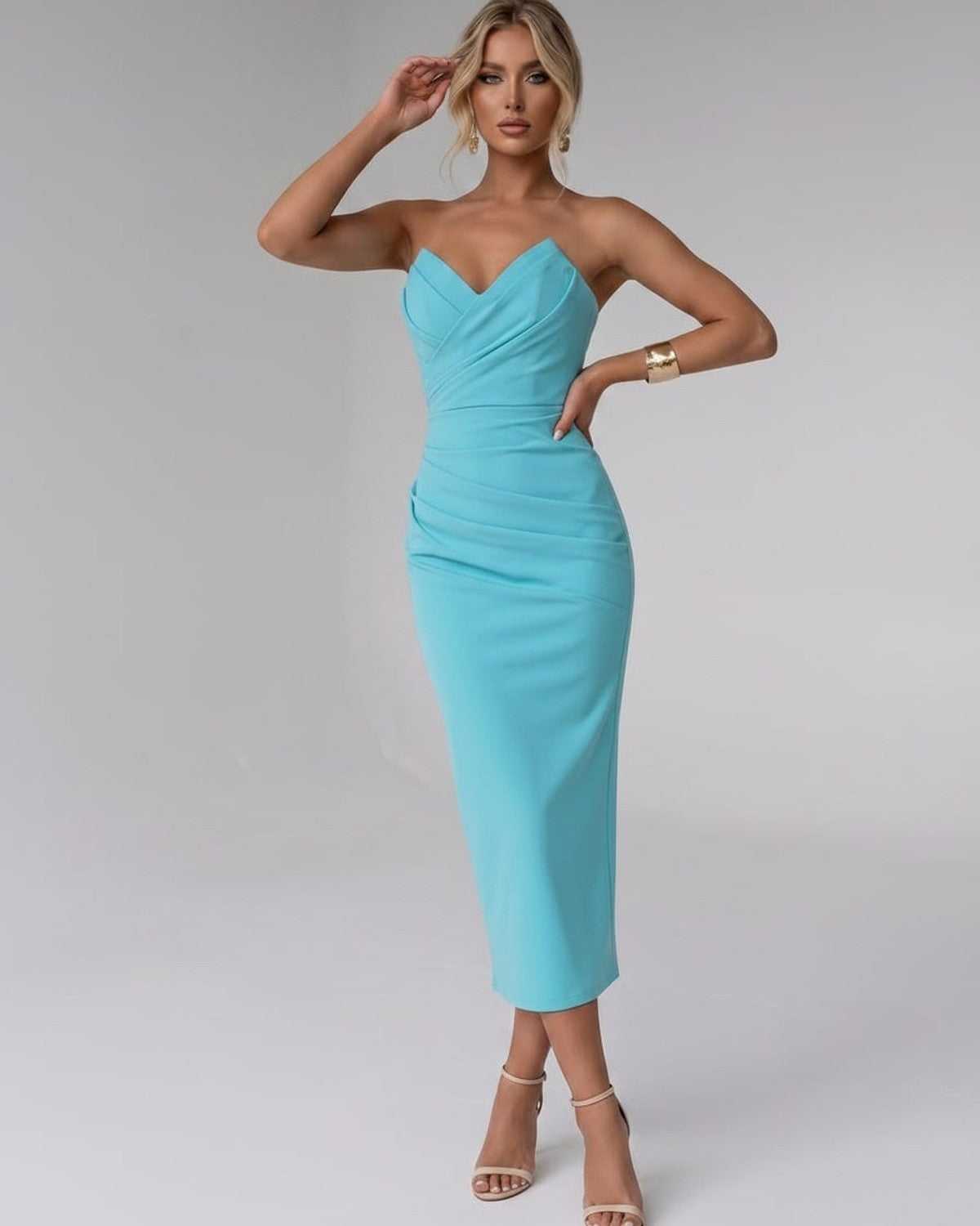 Serelle Midi Dress by Lauven — smooth stretch strapless sweetheart neck fitted midi dress