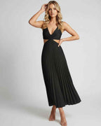 Lunara Midi Dress by Lauven — satin sleeveless V-neck flowing pleated midi dress