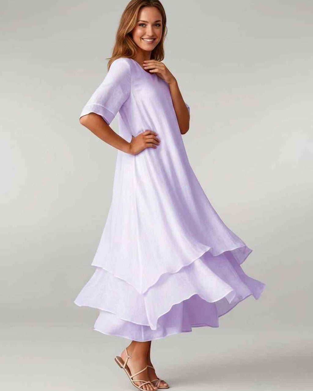 Aurelia Midi Dress by Lauven — lightweight short sleeve round neck layered midi dress