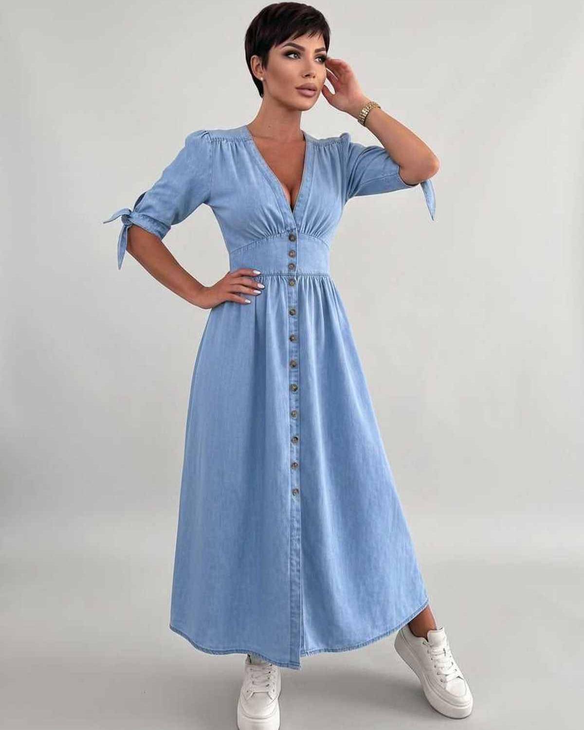 Eloria Midi Dress by Lauven — lightweight mid sleeve V-neck button front fit and flare midi dress