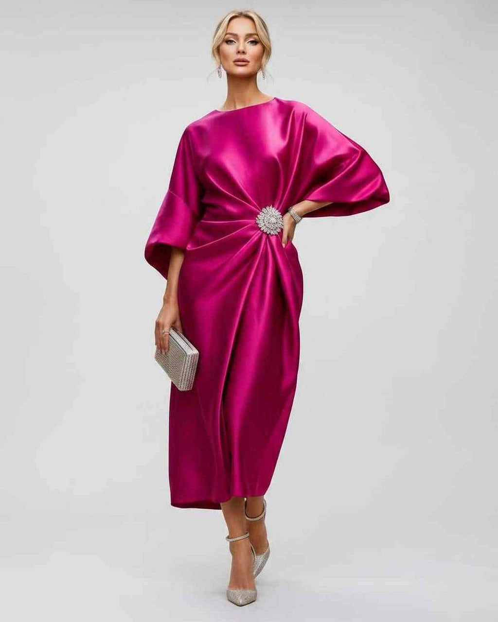 Seralyn Midi Dress by Lauven — satin kimono sleeve boat neck draped midi dress